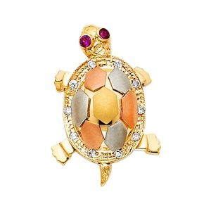 14K Tri Color CZ Turtle Pendant